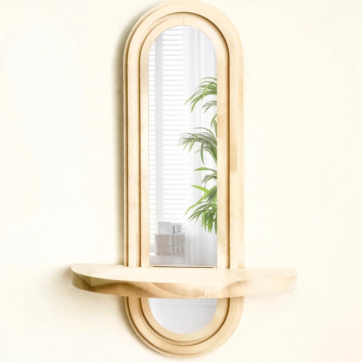 Arched Wall Mirror With Floating Wood Shelf
