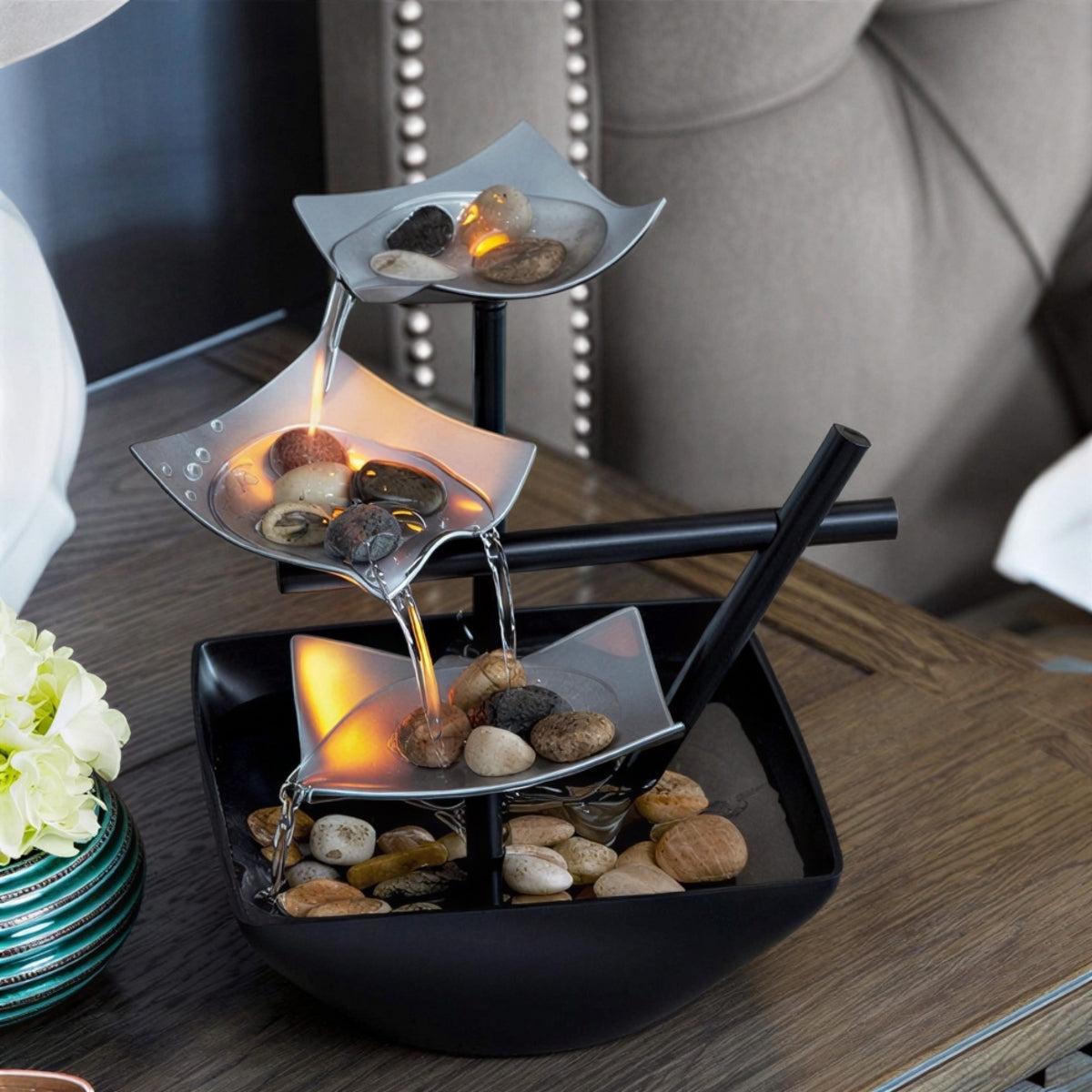 Indoor Tabletop Water Fountain With Cascading Multi-Tier Leaves