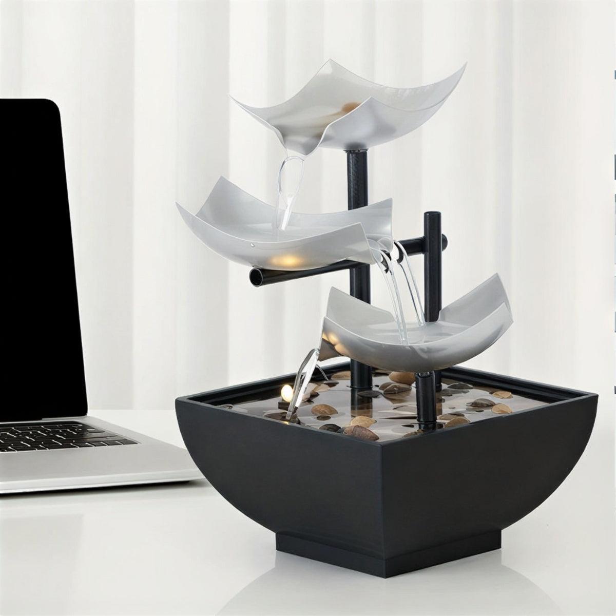 Indoor Tabletop Water Fountain With Cascading Multi-Tier Leaves