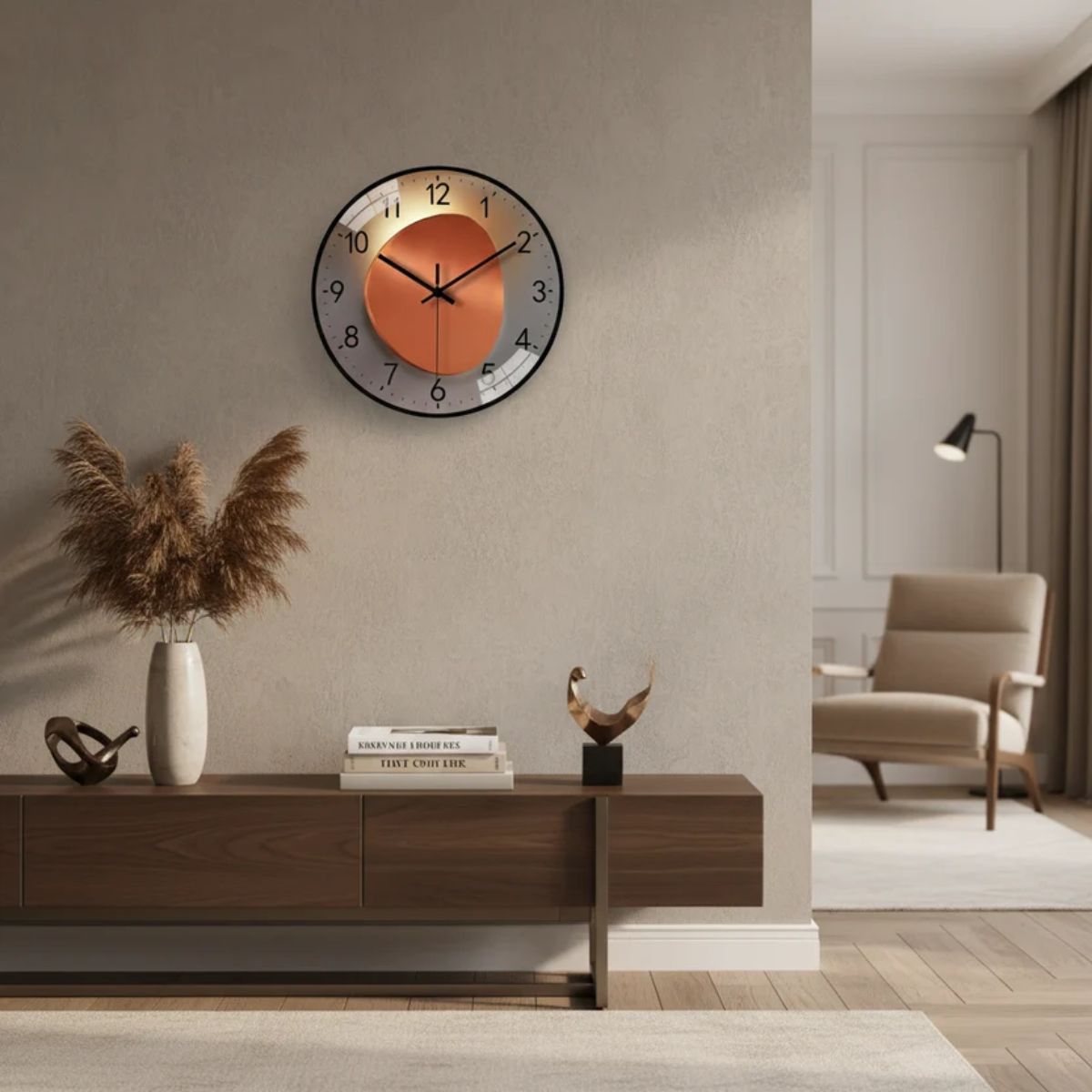 Modern Wall Clock with Silent Luminous Round Glass Face