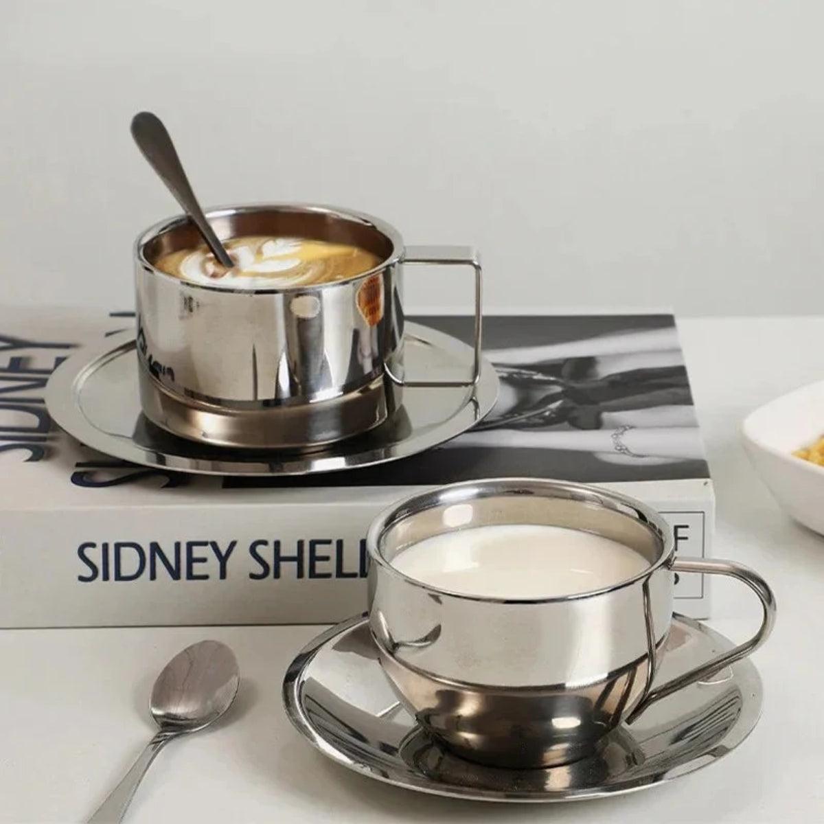 Stainless Steel Double Wall Espresso Cup Set With Saucer And Spoon