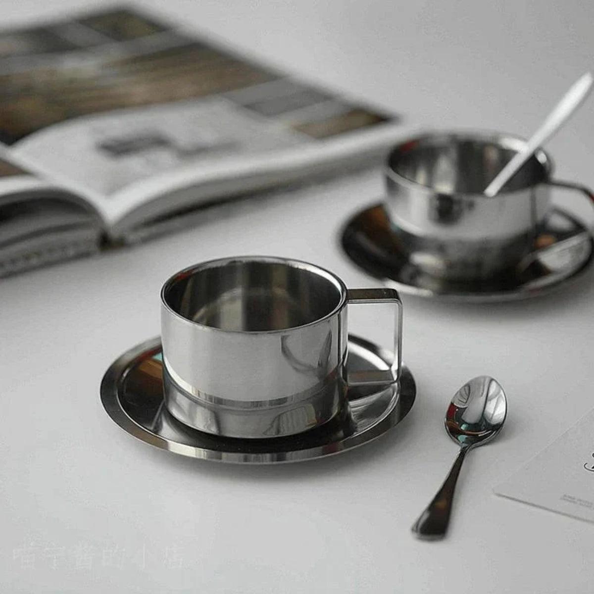 Stainless Steel Double Wall Espresso Cup Set With Saucer And Spoon