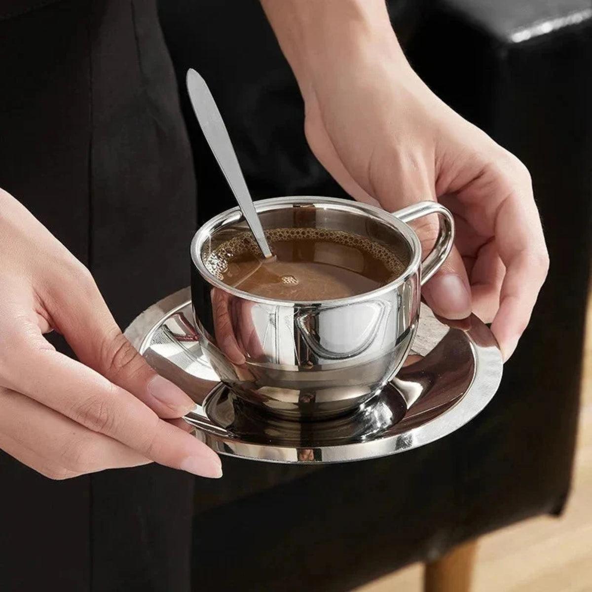 Stainless Steel Double Wall Espresso Cup Set With Saucer And Spoon