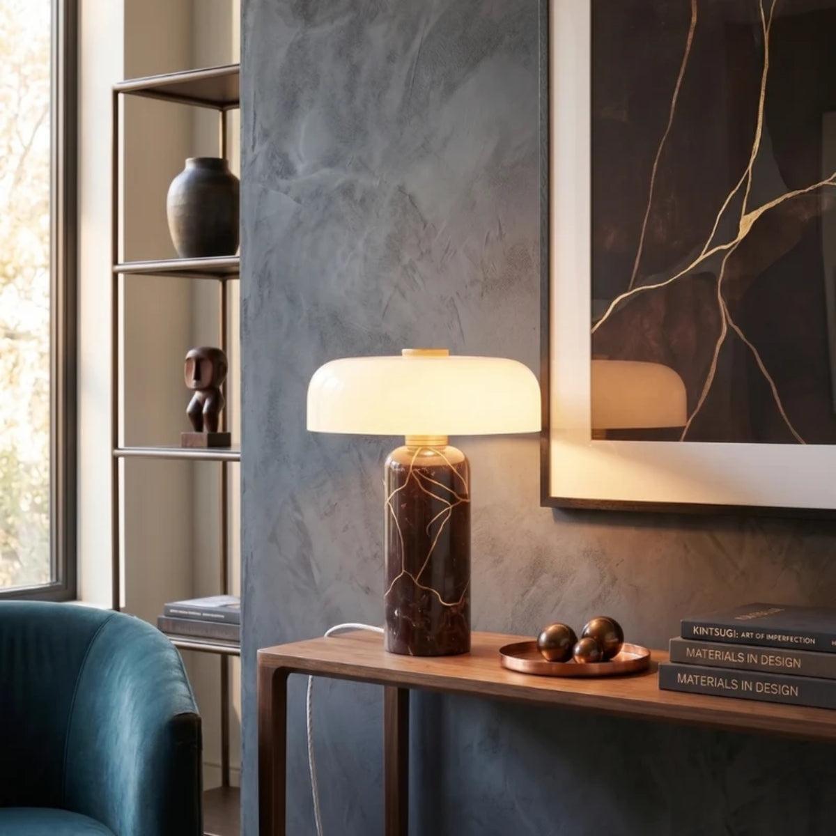 Table Lamp With Opaline Glass Shade And Marble Base