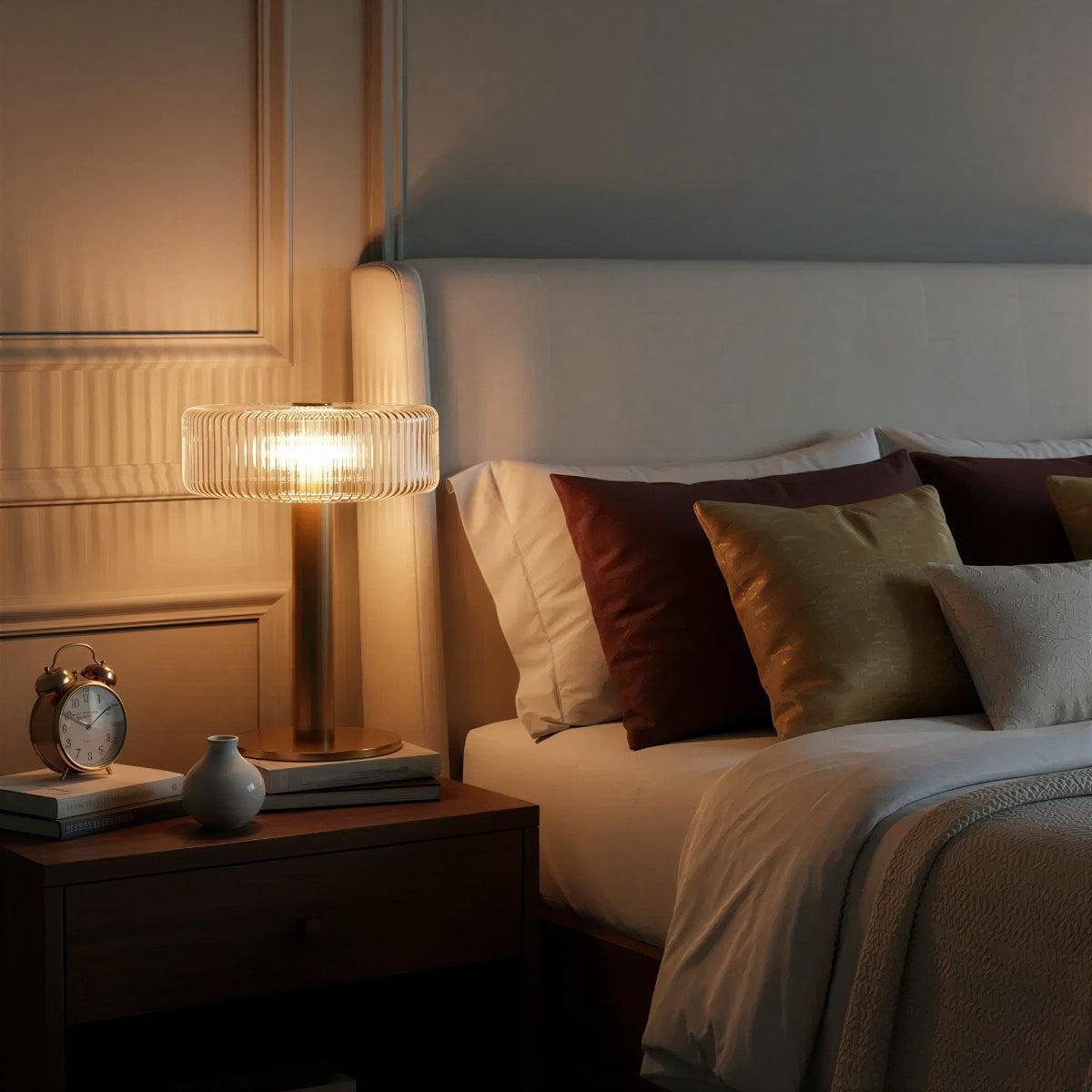 Table Lamp With Ribbed Glass Shade and Gold Base