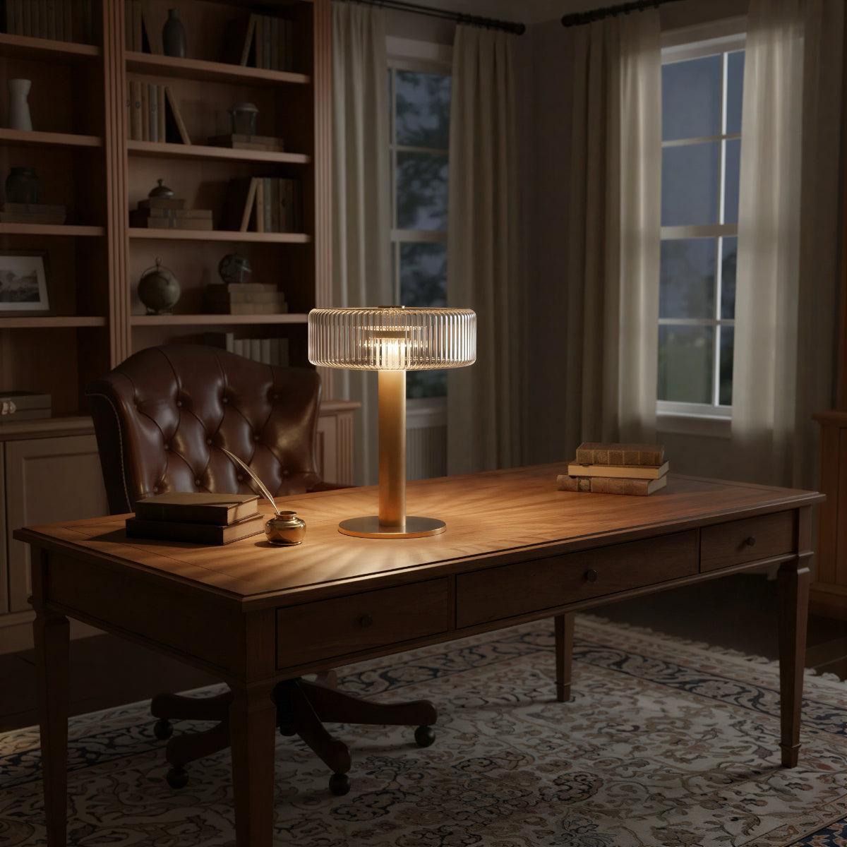 Table Lamp With Ribbed Glass Shade and Gold Base