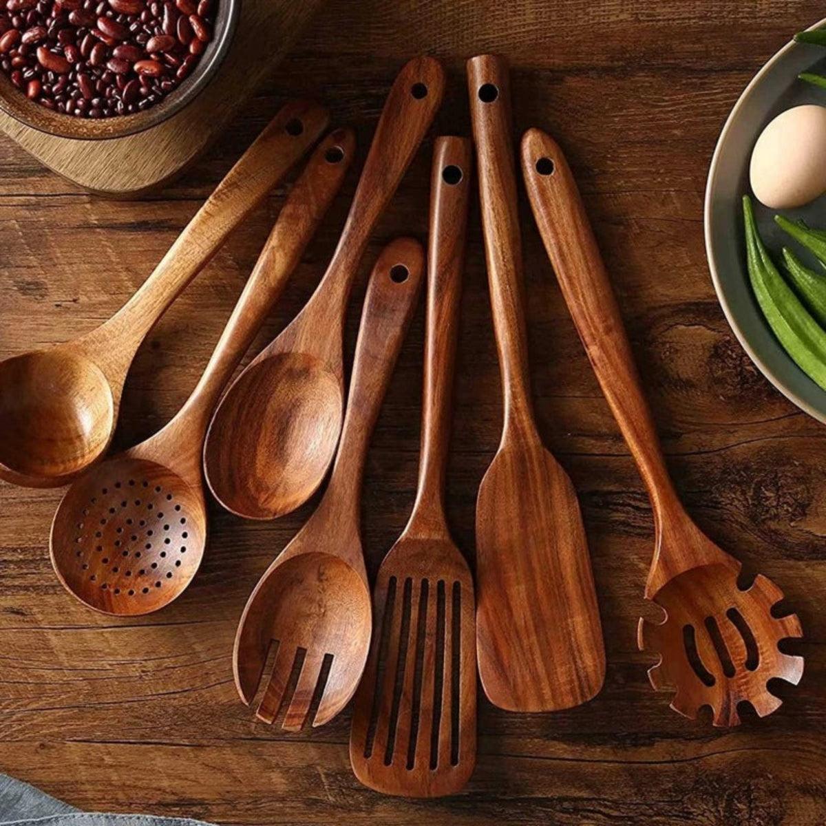 Teak Kitchen Utensils With Wooden Spoon Set For Cooking