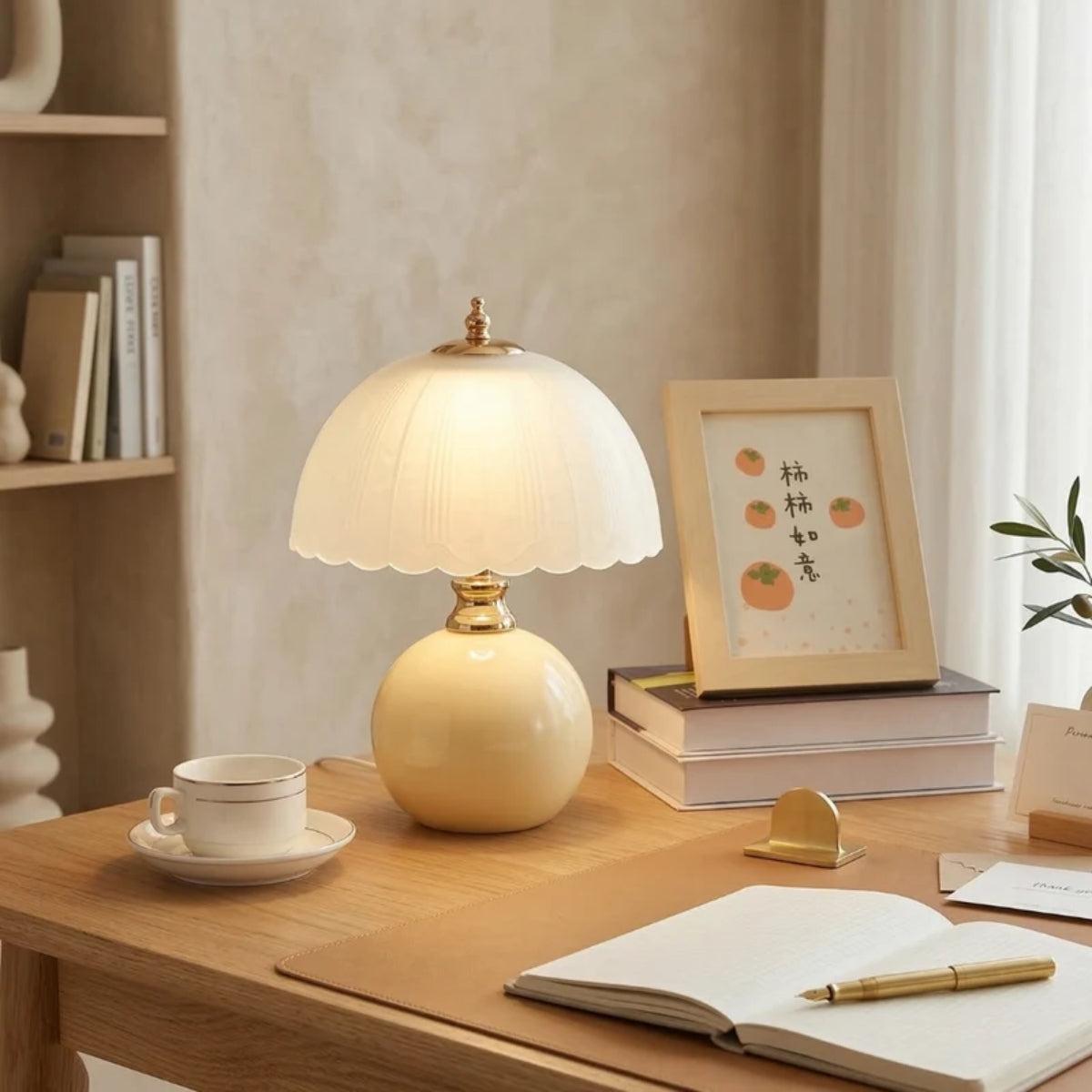 Vintage Bedside Table Lamp With Scalloped Dome Shade