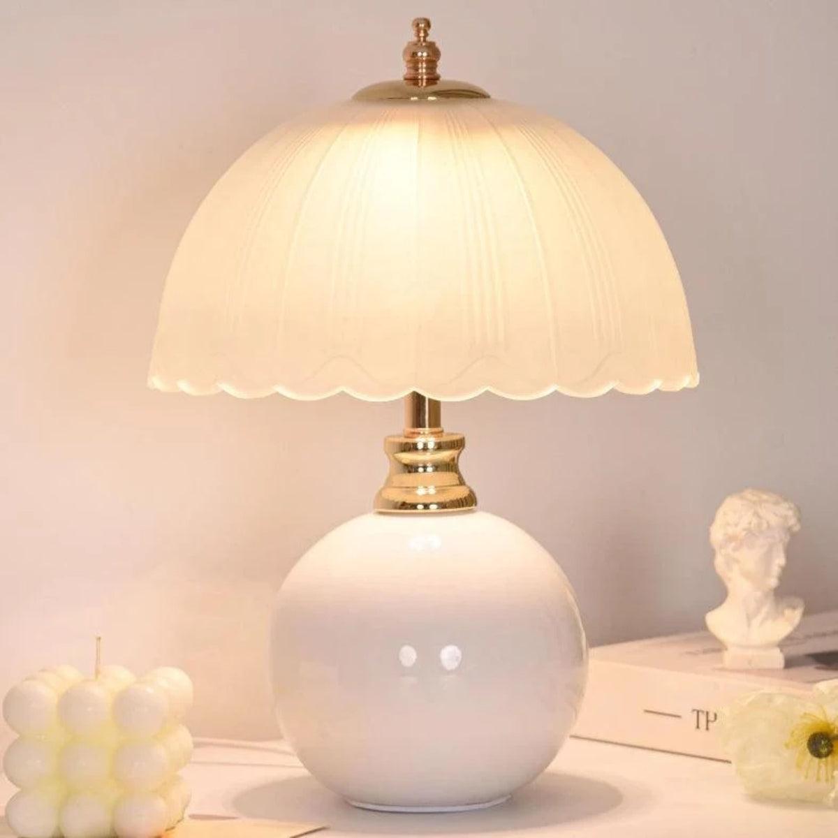 Vintage Bedside Table Lamp With Scalloped Dome Shade