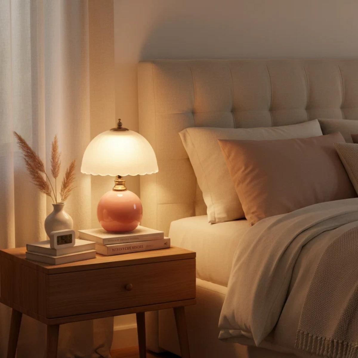 Vintage Bedside Table Lamp With Scalloped Dome Shade