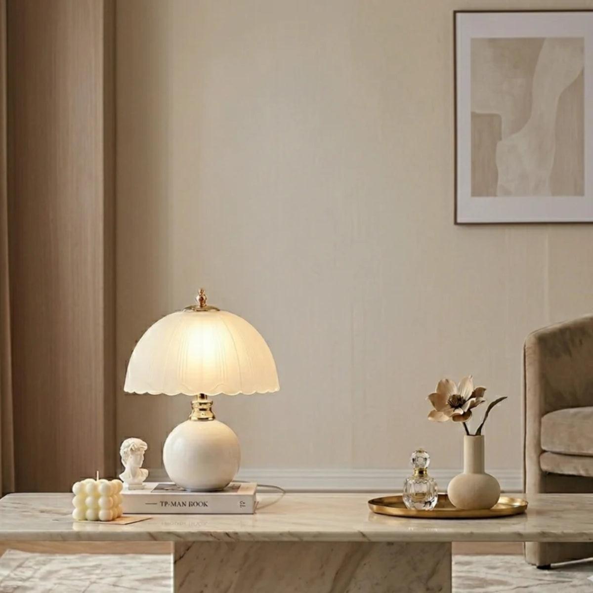 Vintage Bedside Table Lamp With Scalloped Dome Shade