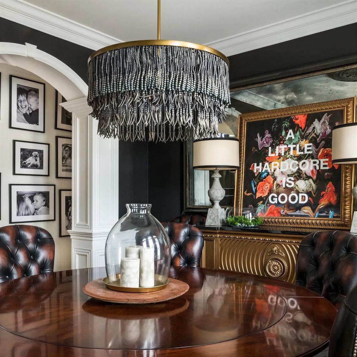 Wood Bead Boho Chandelier With Drum Shade Design