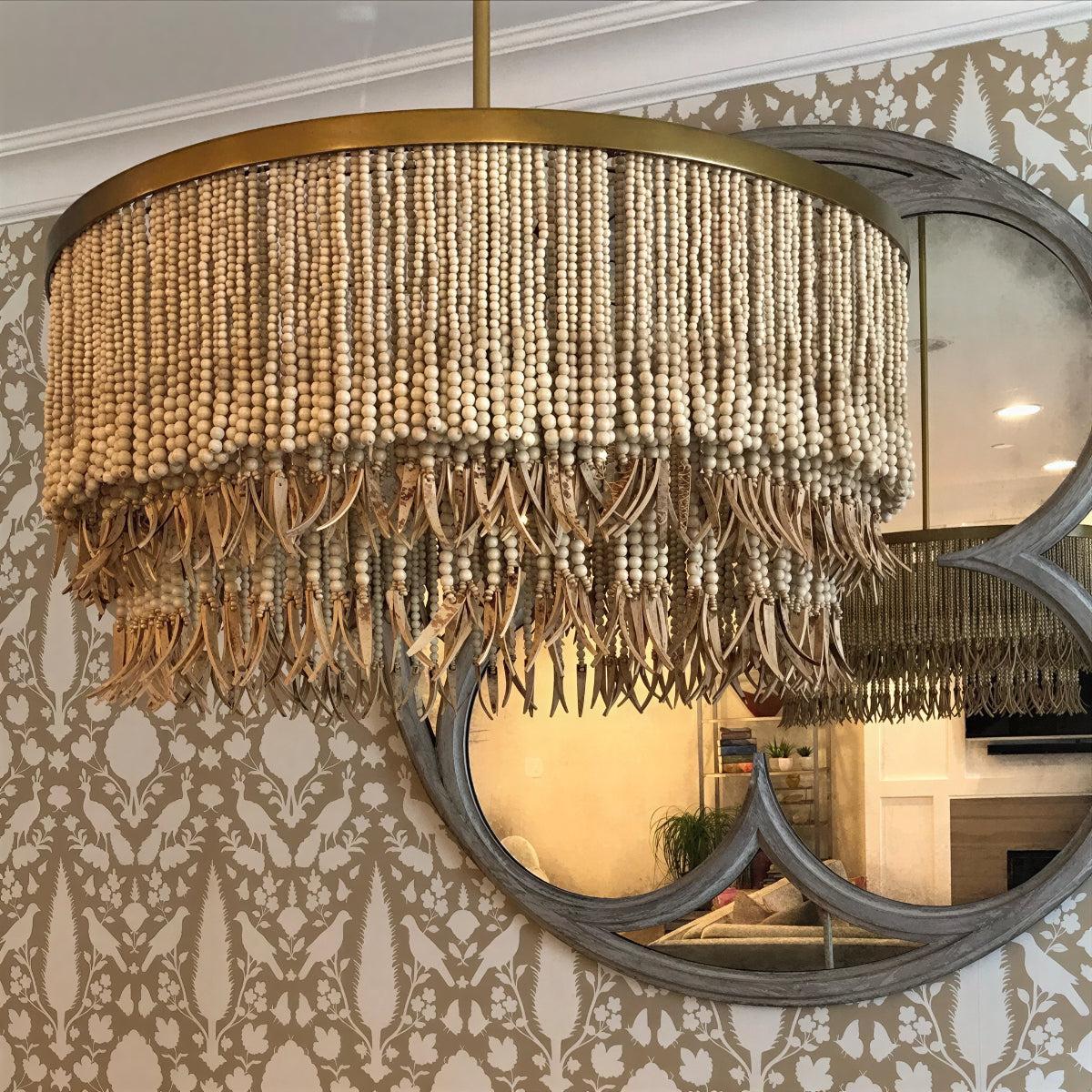 Wood Bead Boho Chandelier With Drum Shade Design
