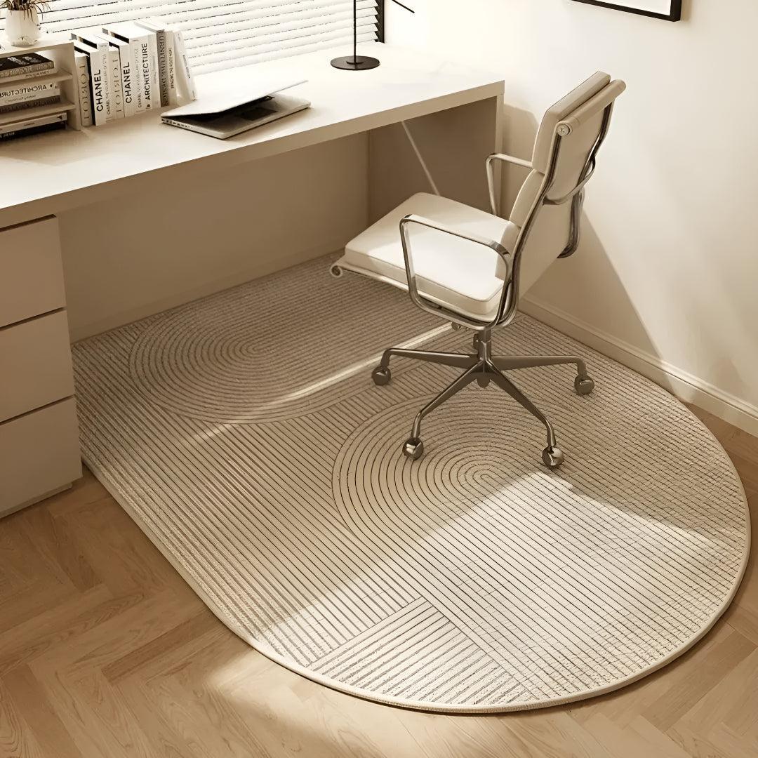 Rounded office chair mat for hardwood floors beneath a modern white swivel chair.