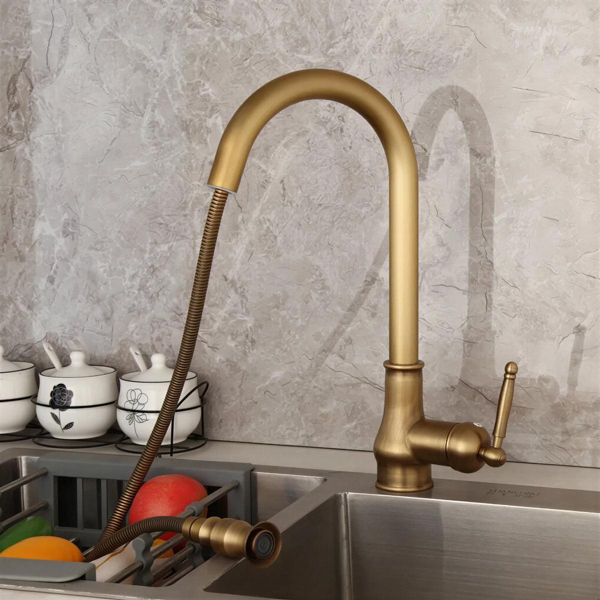 Antique Kitchen Faucet with Pull Out Spray And Swivel Spout
