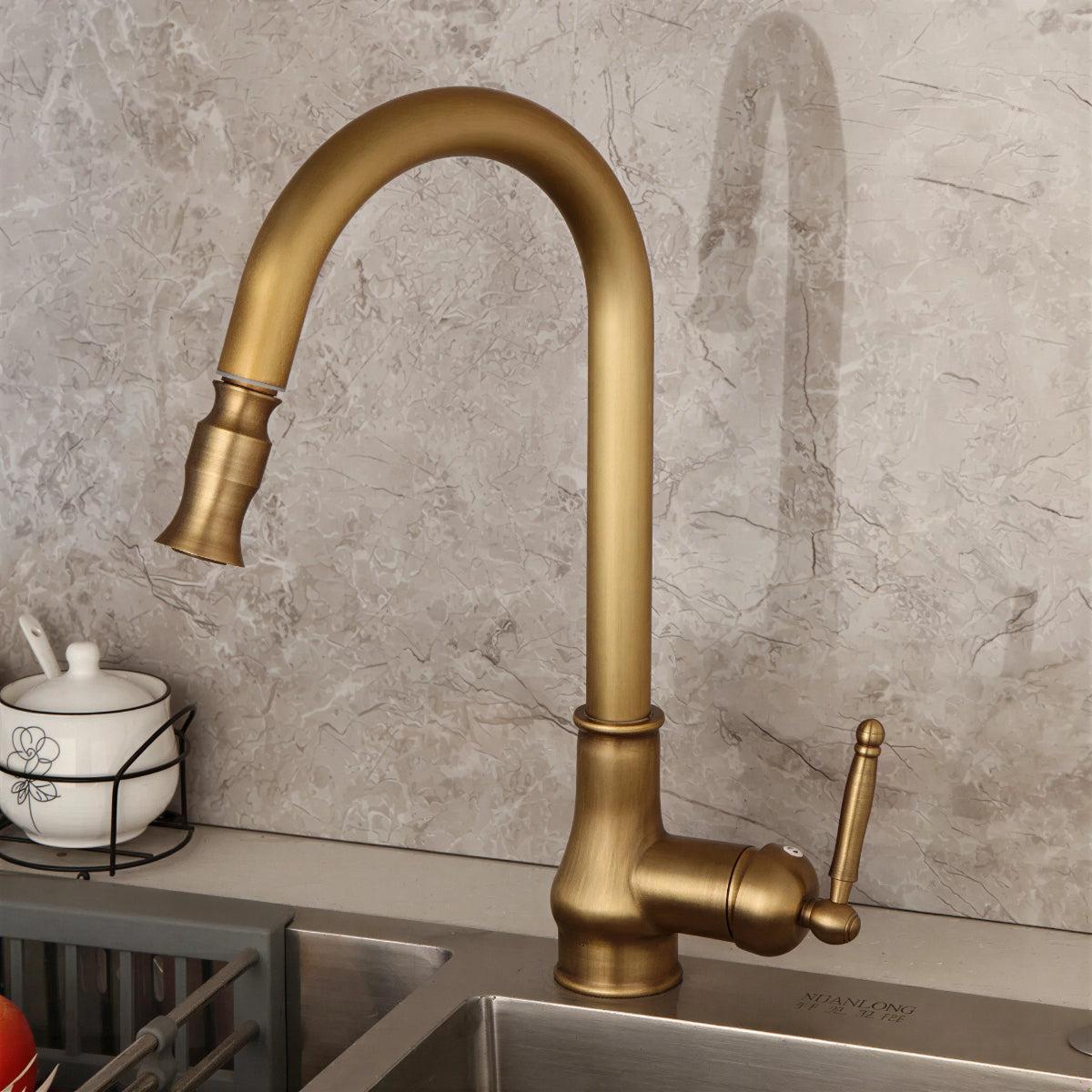 Antique Kitchen Faucet with Pull Out Spray And Swivel Spout