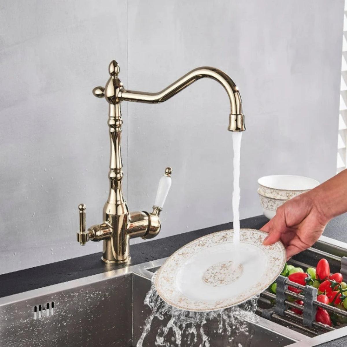 Antique Kitchen Sink Faucet With Dual Handle Spout And Filtered Water
