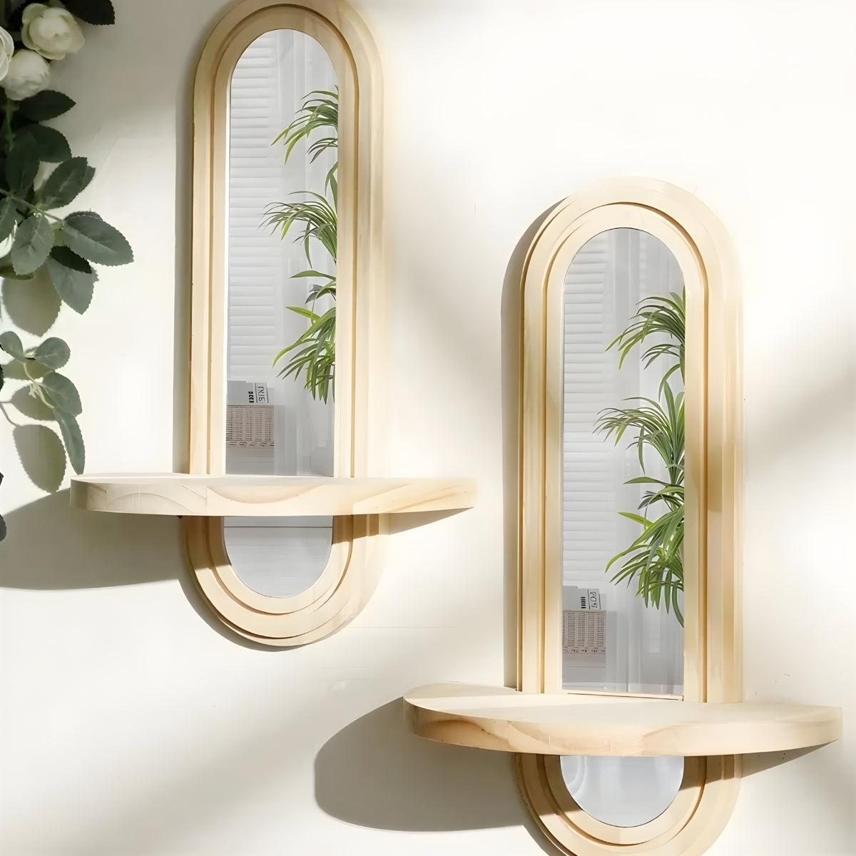Arched Wall Mirror With Floating Wood Shelf