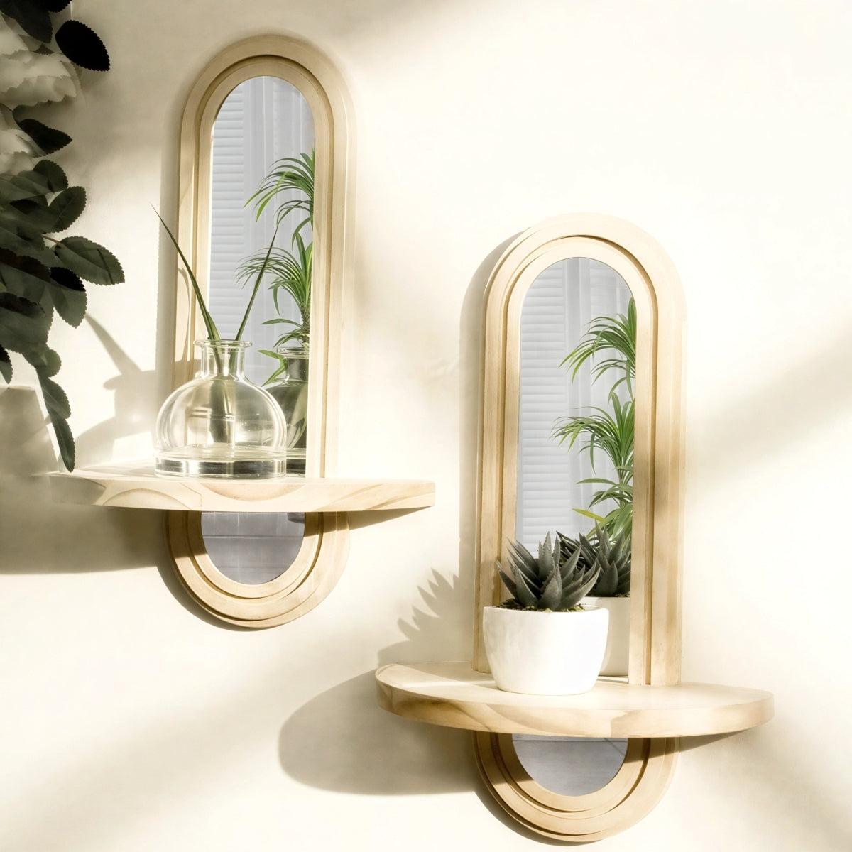 Arched Wall Mirror With Floating Wood Shelf