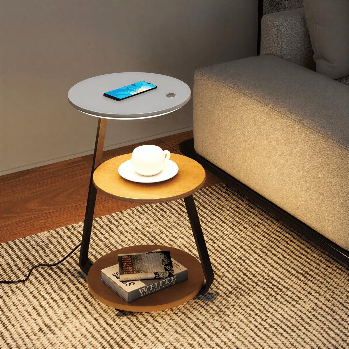 Bedside Nightstand Table With Integrated Lamp And Double Tiered Storage