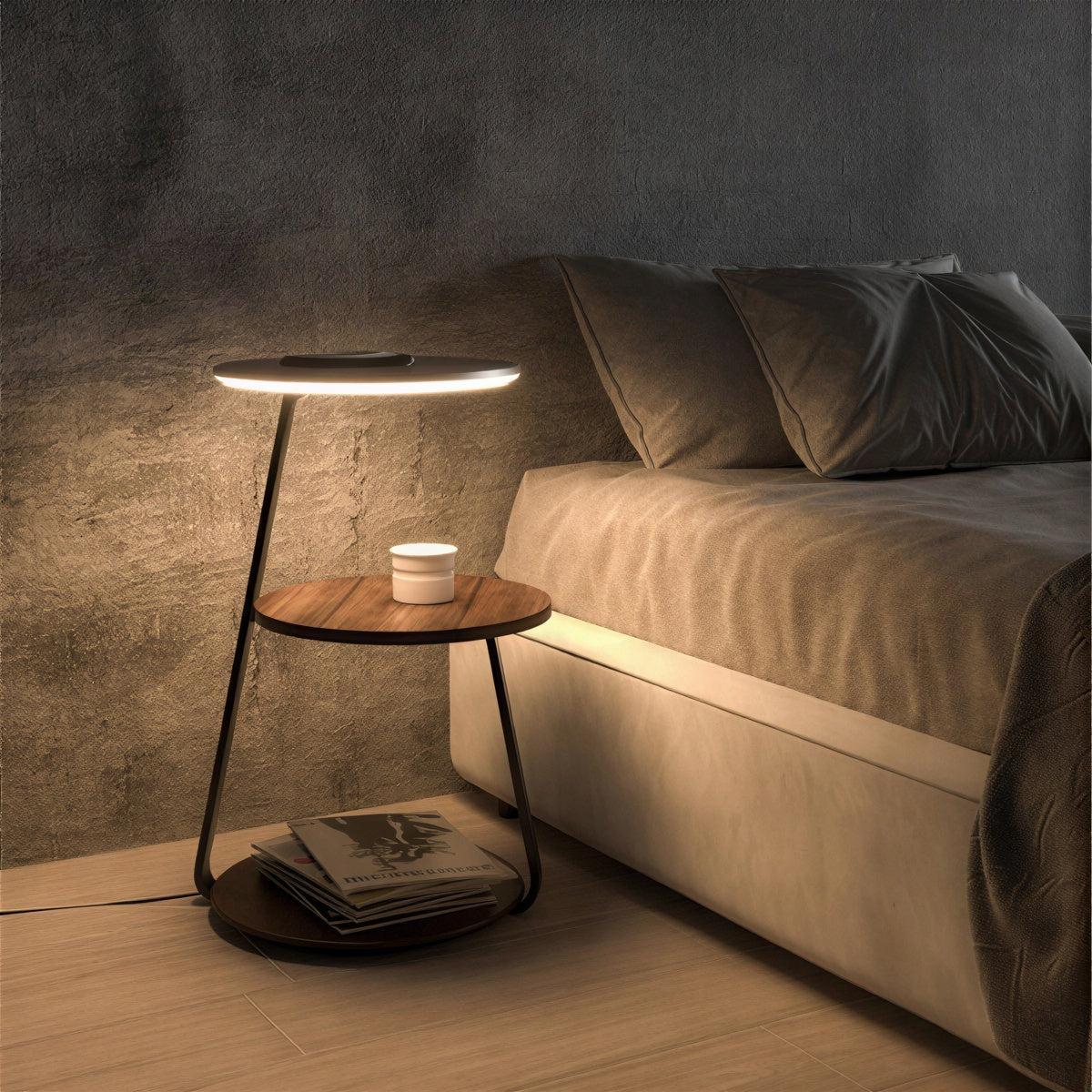 Bedside Nightstand Table With Integrated Lamp And Double Tiered Storage