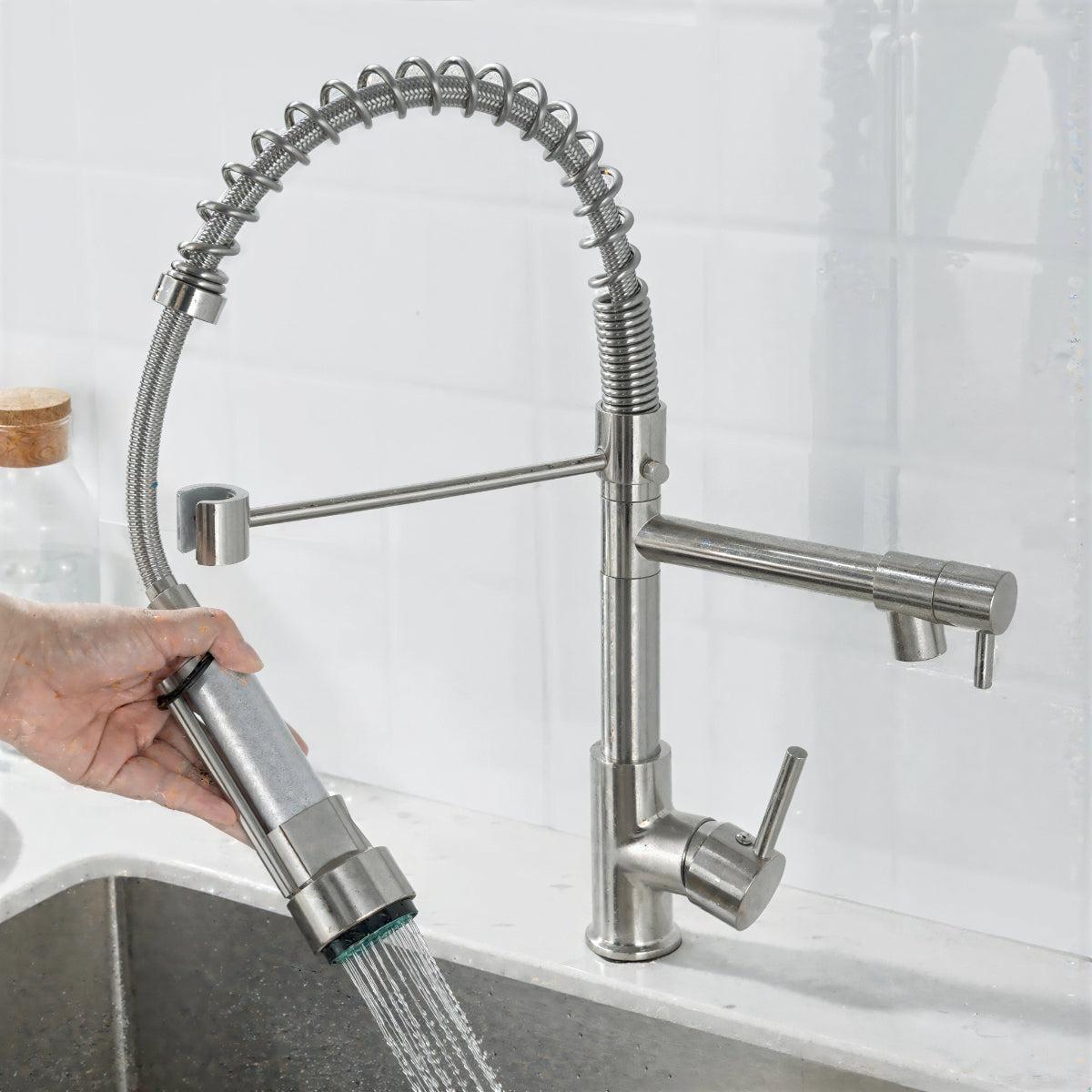 Double Outlet Kitchen Faucet With Sprayer and Swivel Spout