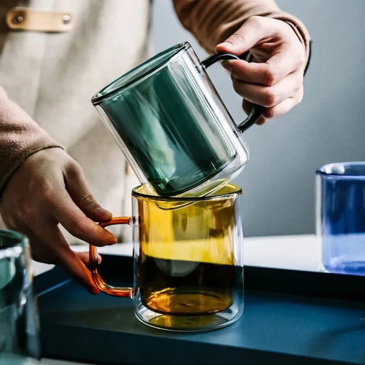 Double Walled Insulated Glass Coffee Mug With Handle