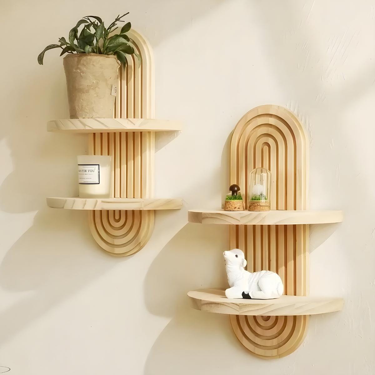 Floating Wall Shelves With Arched Wood Display Design