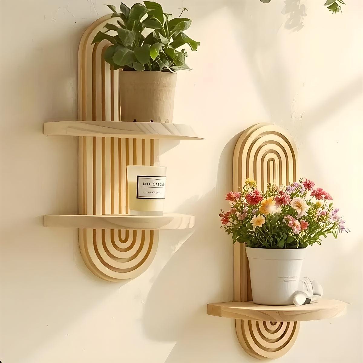 Floating Wall Shelves With Arched Wood Display Design