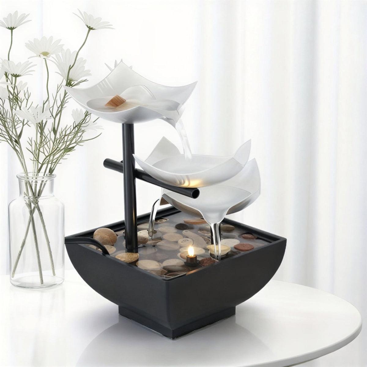 Indoor Tabletop Water Fountain With Cascading Multi-Tier Leaves