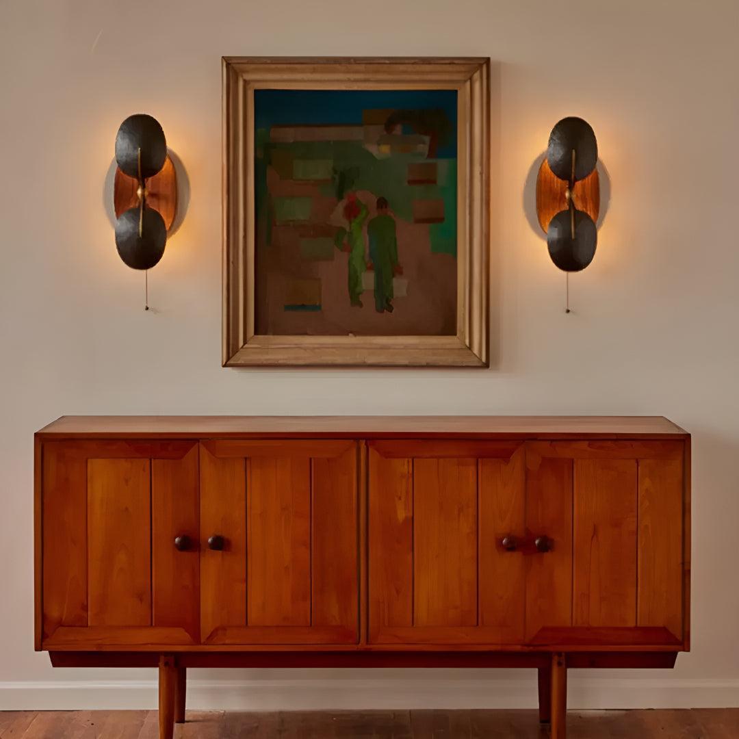 Metal and Walnut Wall Sconce Lighting With Pull Chain Switch