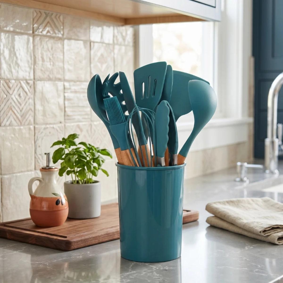 Silicone Kitchen Cooking Utensils Set With Spatulas Ladles Tongs Turner And Whisk