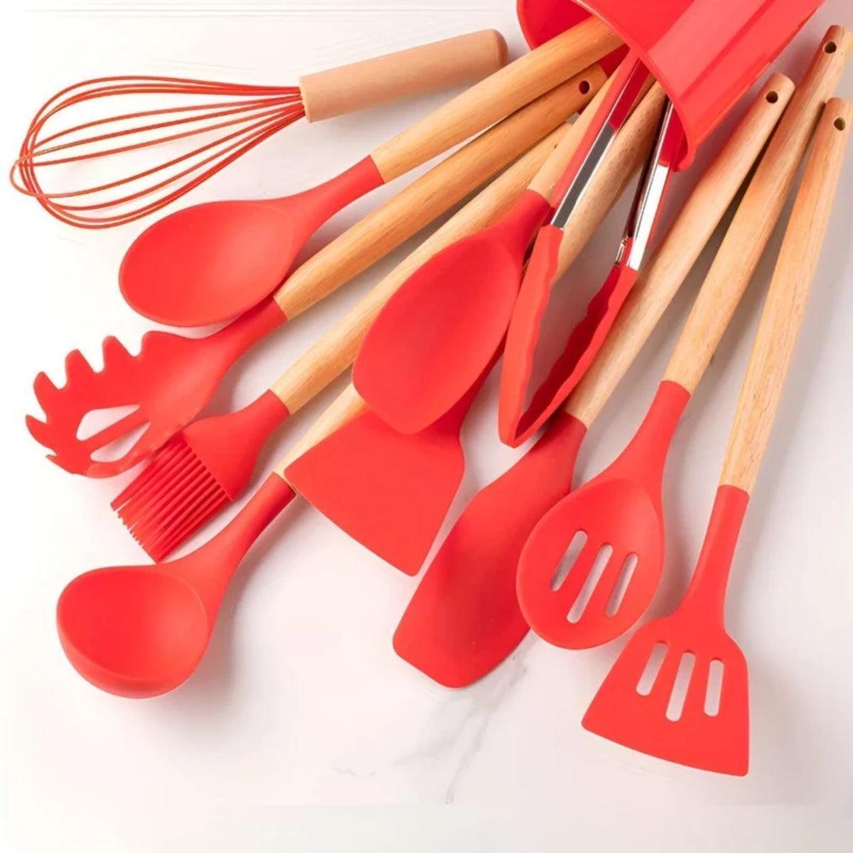Silicone Kitchen Cooking Utensils Set With Spatulas Ladles Tongs Turner And Whisk
