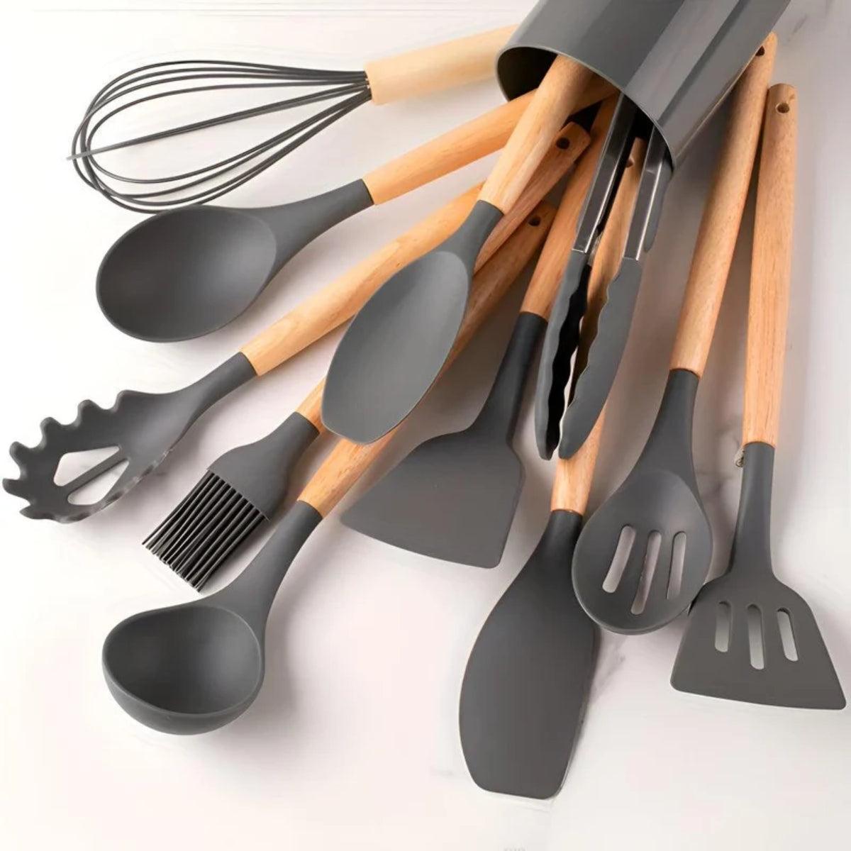 Silicone Kitchen Cooking Utensils Set With Spatulas Ladles Tongs Turner And Whisk