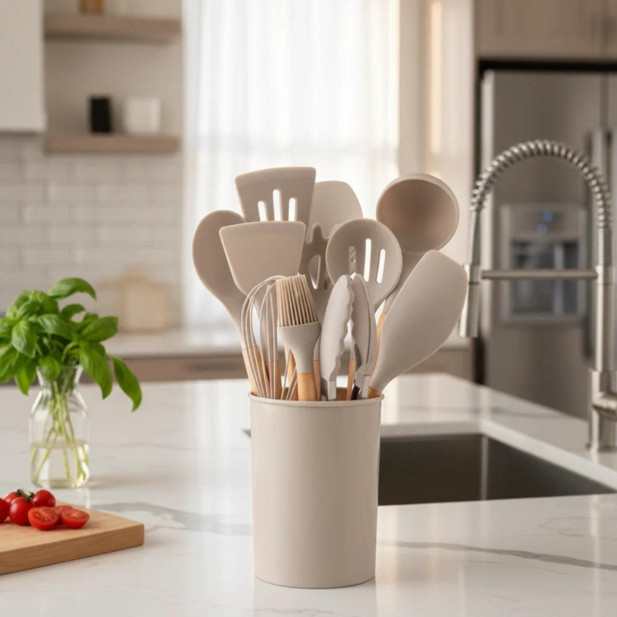 Silicone Kitchen Cooking Utensils Set With Spatulas Ladles Tongs Turner And Whisk