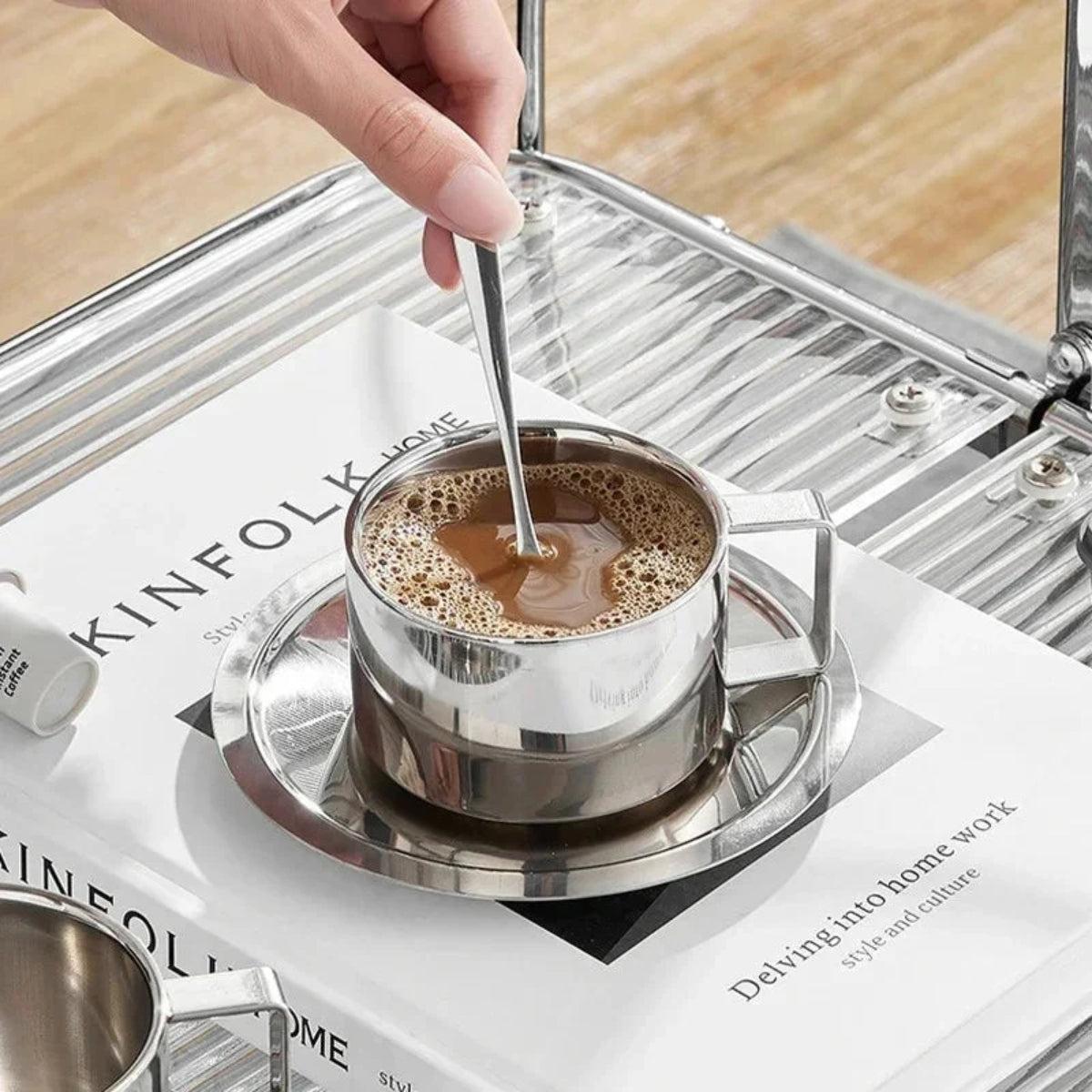 Stainless Steel Double Wall Espresso Cup Set With Saucer And Spoon