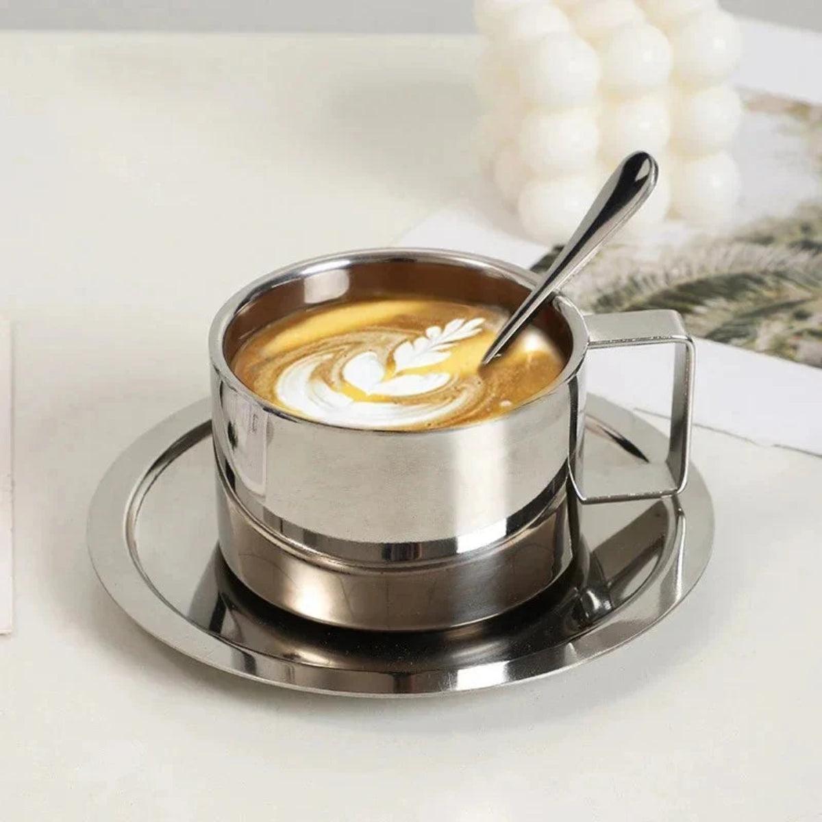 Stainless Steel Double Wall Espresso Cup Set With Saucer And Spoon