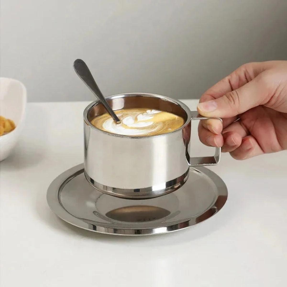 Stainless Steel Double Wall Espresso Cup Set With Saucer And Spoon