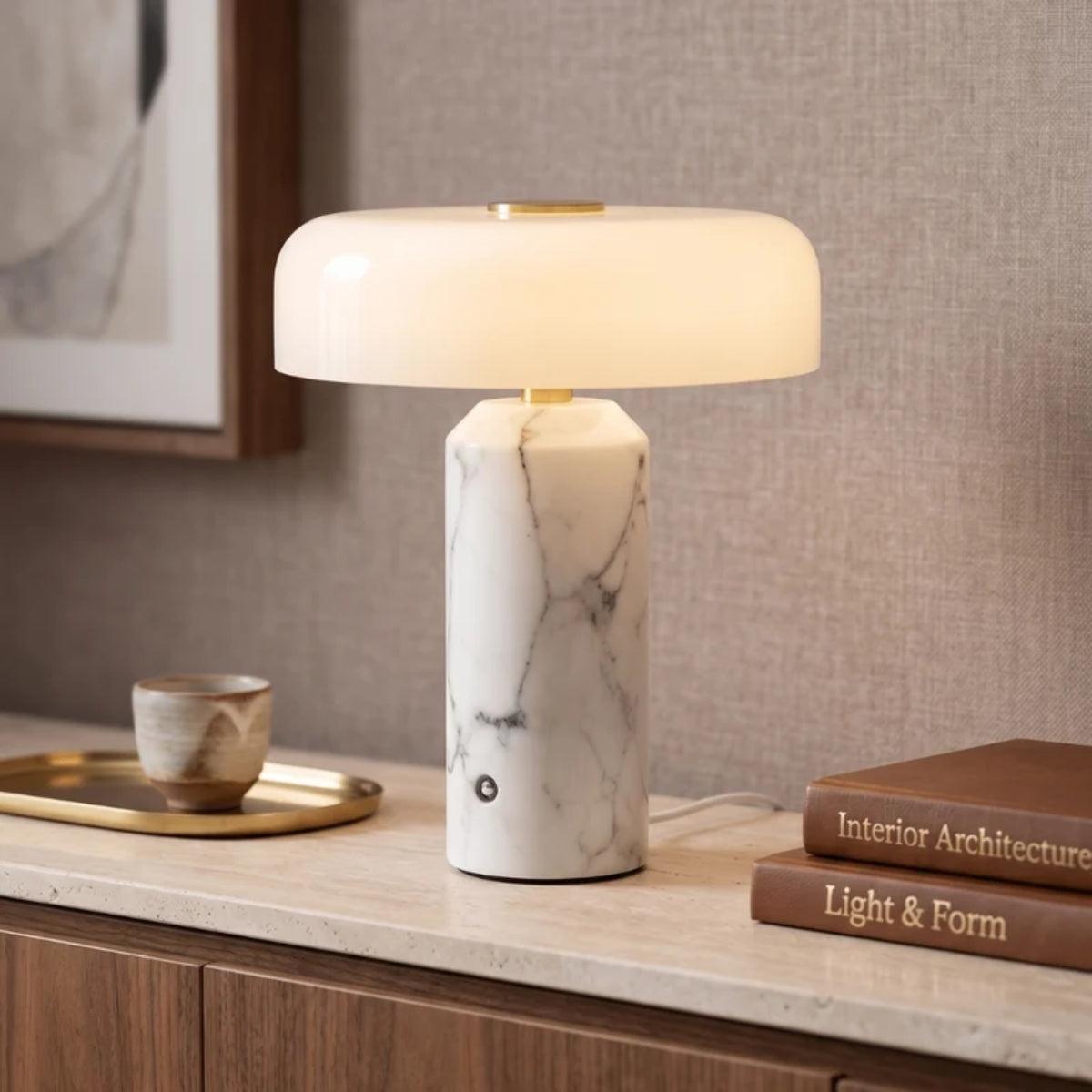 Table Lamp With Opaline Glass Shade And Marble Base