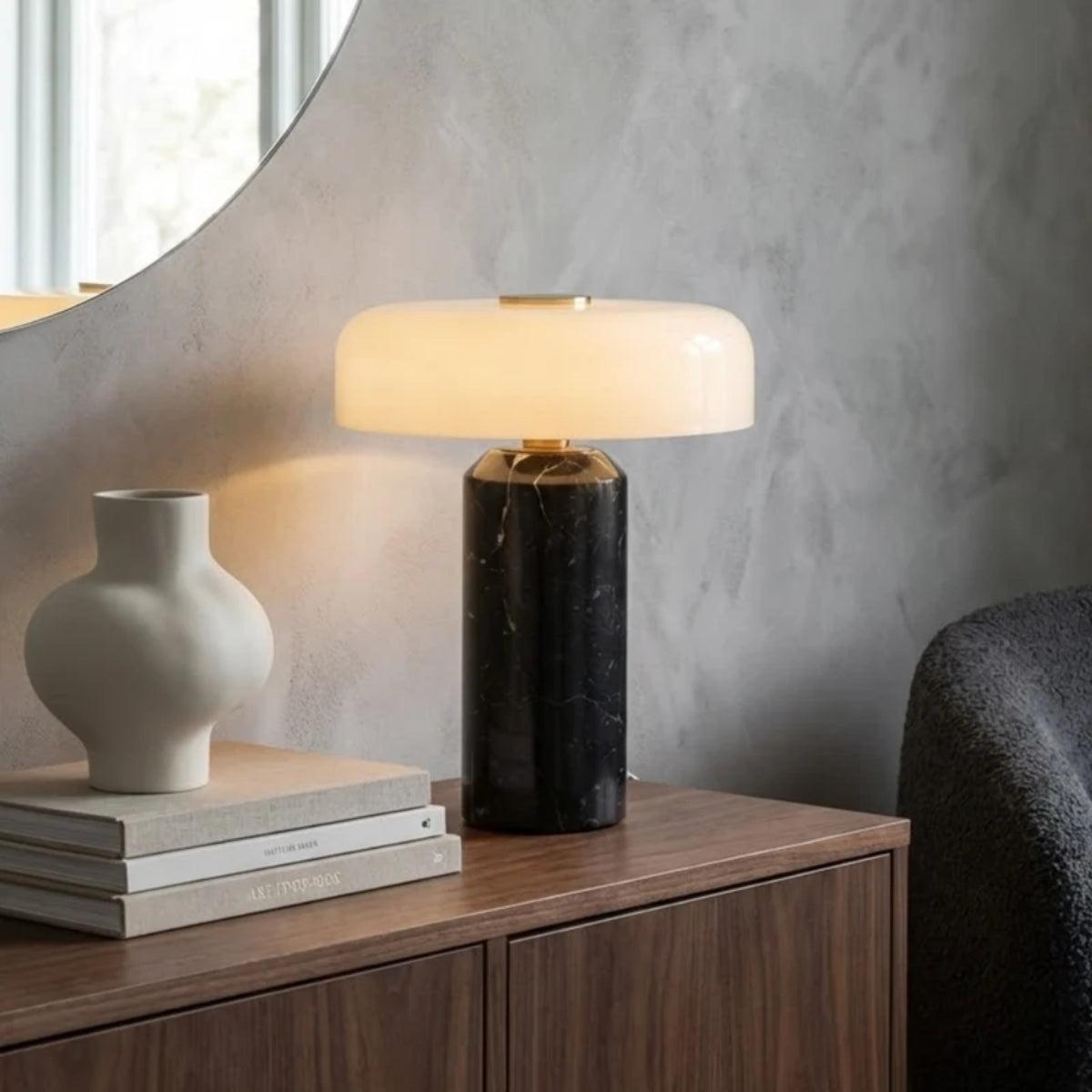 Table Lamp With Opaline Glass Shade And Marble Base