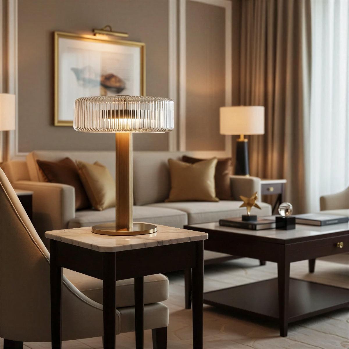 Table Lamp With Ribbed Glass Shade and Gold Base