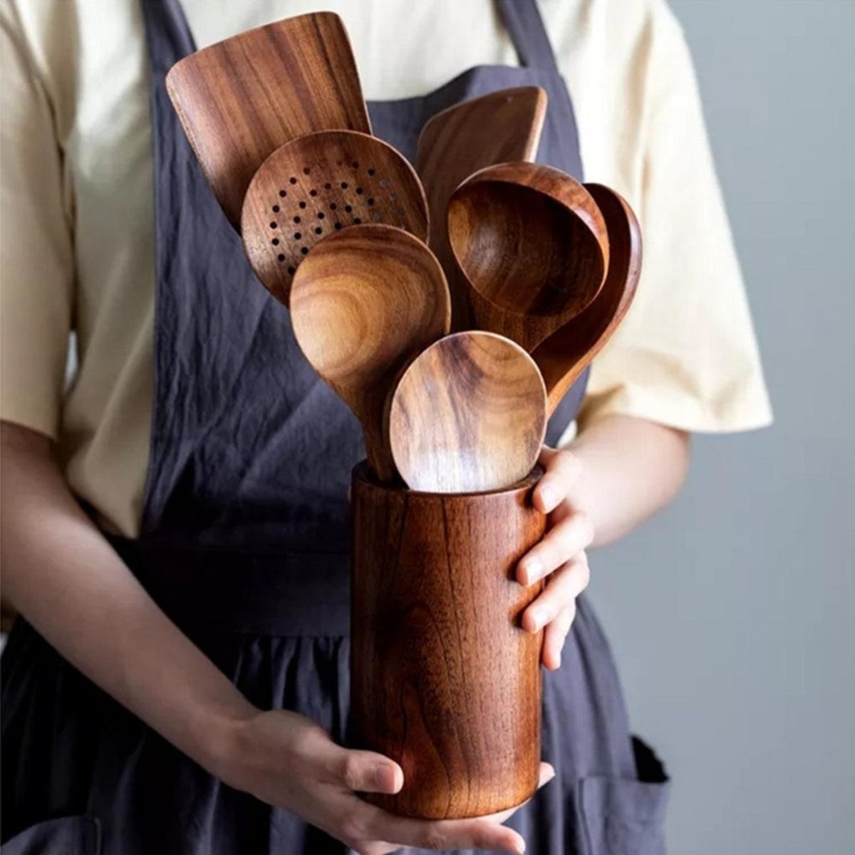Teak Kitchen Utensils With Wooden Spoon Set For Cooking