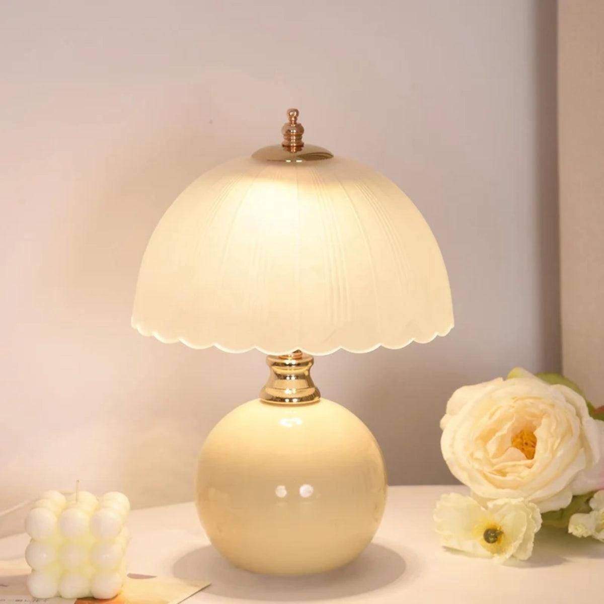 Vintage Bedside Table Lamp With Scalloped Dome Shade