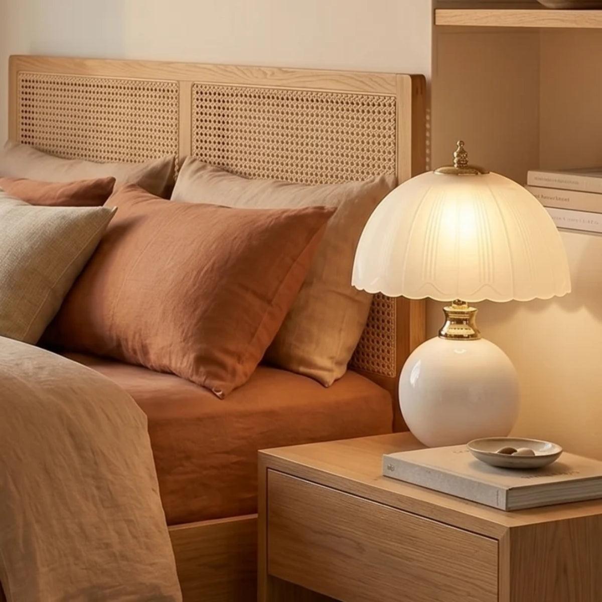 Vintage Bedside Table Lamp With Scalloped Dome Shade