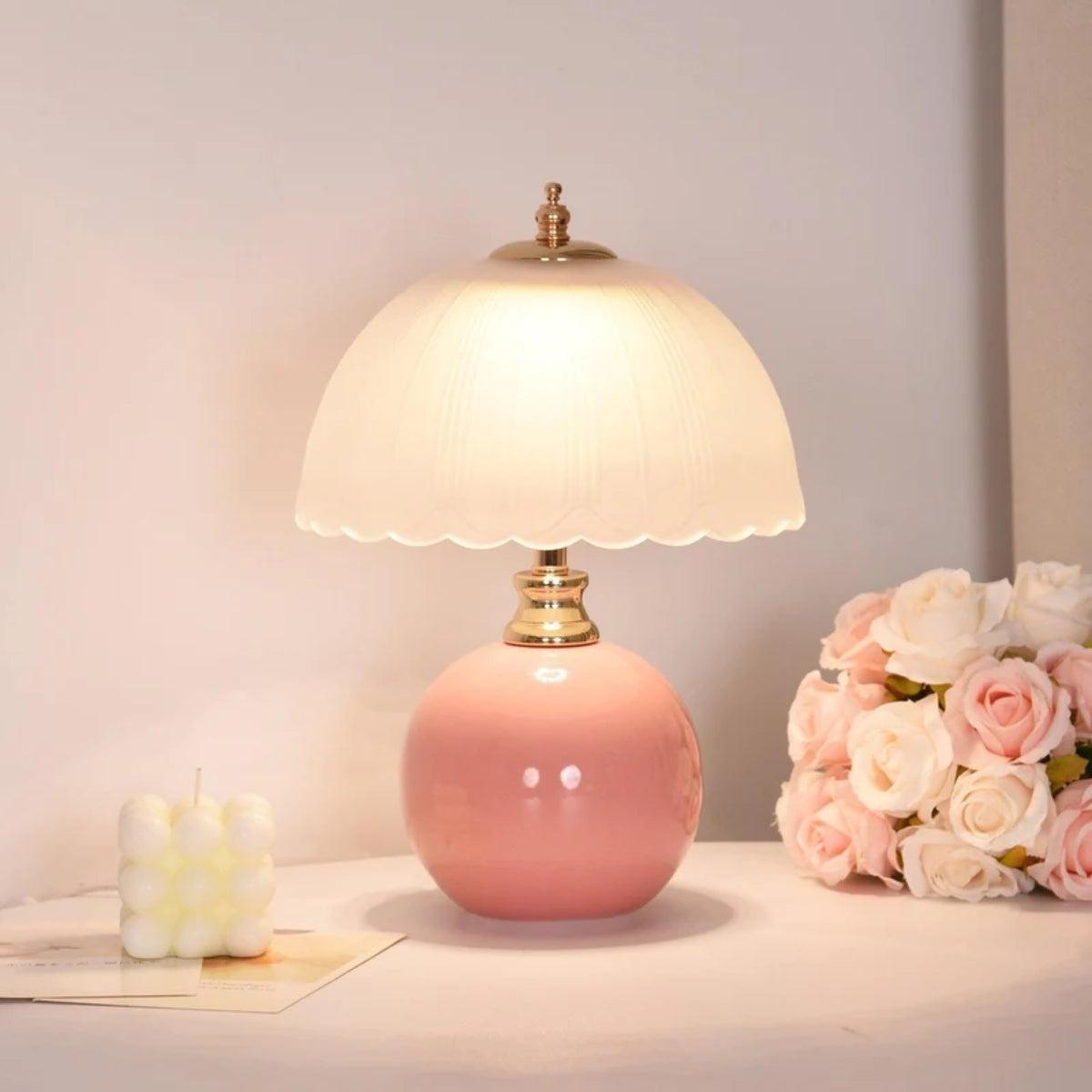 Vintage Bedside Table Lamp With Scalloped Dome Shade