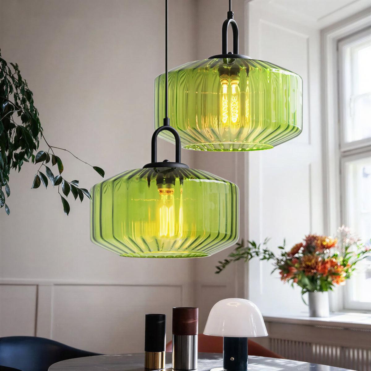 Vintage Pendant Light with Retro Striped Glass Shade