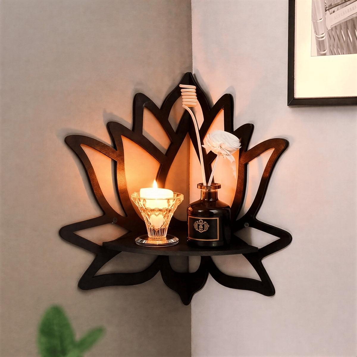 Wall Mounted Floating Lotus Flower Corner Shelf With Crystal Display Holder