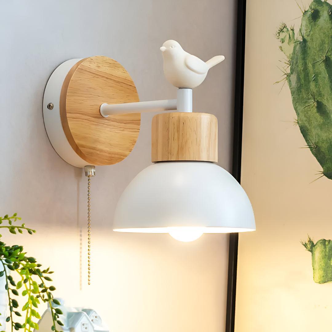 Wooden Wall Sconce Light With Bird and Pull Chain